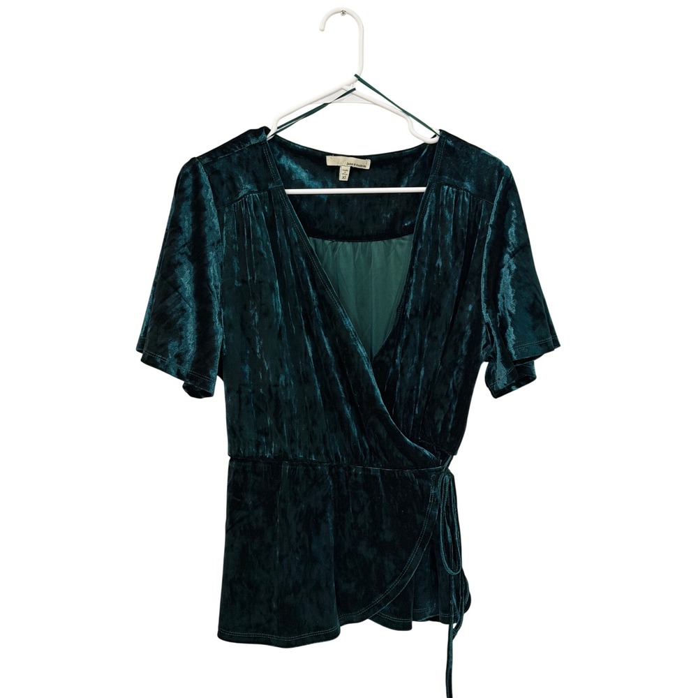 June & Hudson Green Crushed Velvet Wrap Top Short Sleeve V-Neck XL Whimsigoth